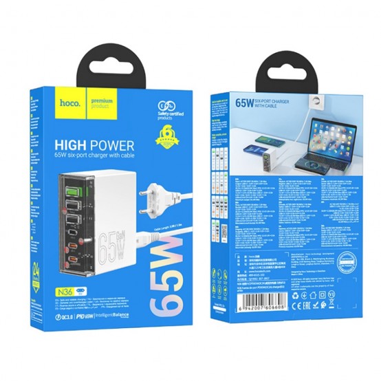 Alimentator Hoco Wall Charger Fuerza  - 3x USB, 3x Type-C, 65W with Cable DC - White N36
