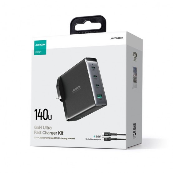 Alimentator JoyRoom Wall Charger  - GaN, USB, 3x Type-C, Super Fast Charging 140W, with Cable Type-C,  240W, 1.2m - Black JR-TC