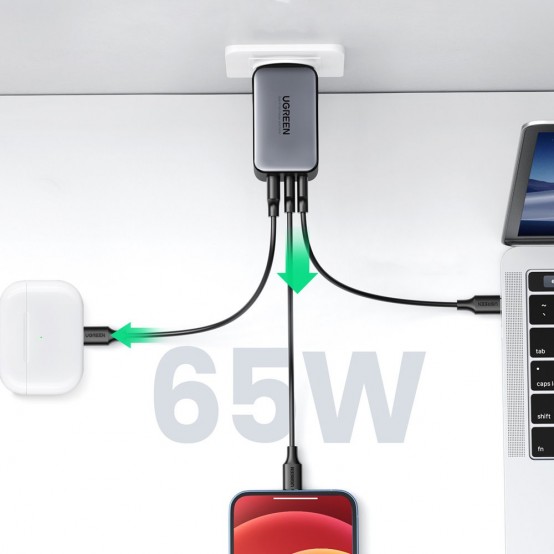Alimentator Ugreen Wall Charger  - USB-A, QC 3.0, 2x USB-C, PD, GaN 65W, 3.25A - Black 10335