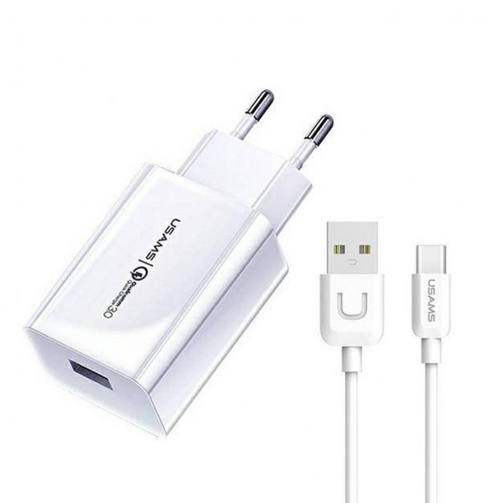 Alimentator USAMS Travel Charger Kit T48  - Wall Charger T22 USB-A QC 3.0, 18W, 3A with Type-C Cable 1.0m - White T48OCLN01
