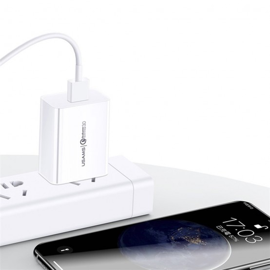 Alimentator USAMS Travel Charger Kit T48  - Wall Charger T22 USB-A QC 3.0, 18W, 3A with Type-C Cable 1.0m - White T48OCLN01
