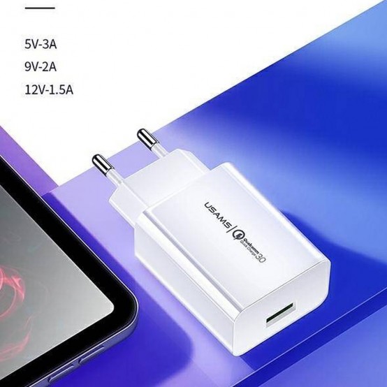 Alimentator USAMS Travel Charger Kit T48  - Wall Charger T22 USB-A QC 3.0, 18W, 3A with Type-C Cable 1.0m - White T48OCLN01