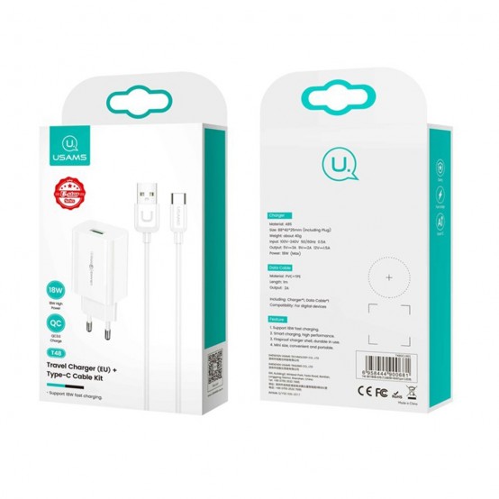 Alimentator USAMS Travel Charger Kit T48  - Wall Charger T22 USB-A QC 3.0, 18W, 3A with Type-C Cable 1.0m - White T48OCLN01