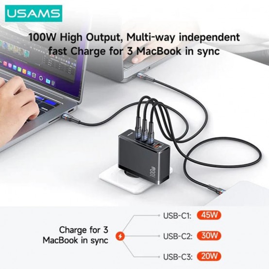 Alimentator USAMS Wall Charger US-CC163 T50  - 3 x Type-C, USB, 100W - Black CC163TC01