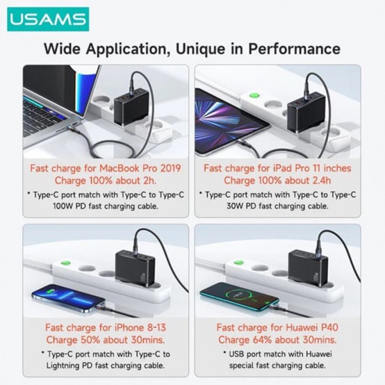 Alimentator USAMS Wall Charger US-CC163 T50  - 3 x Type-C, USB, 100W - Black CC163TC01