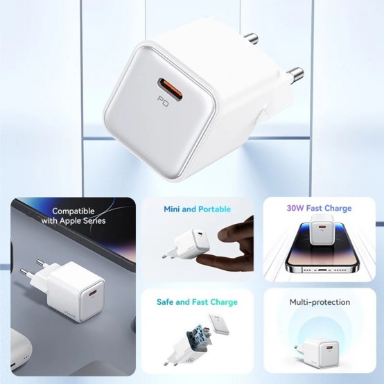 Alimentator USAMS Wall Charger X-ron Series  - Single Port Fast Charging, USB-C PD30W, 3A - Purple US-CC186