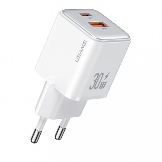 Alimentator USAMS Wall Charger X-ron Series  - Dual Port Fast Charging, USB-C PD30W, USB-A QC3.0 - White US-CC189