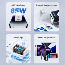 Alimentator USAMS Wall Charger Sandru Series  - 3 Ports GaN Fast Charging, 2x Type-C PD65W, USB-A 3A - White US-CC180