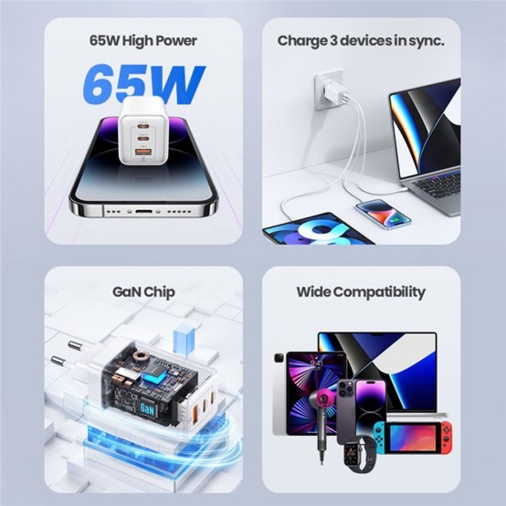 Alimentator USAMS Wall Charger Sandru Series  - 3 Ports GaN Fast Charging, 2x Type-C PD65W, USB-A 3A - Gradient Blue US-CC180