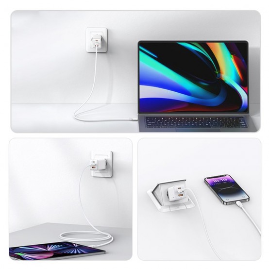 Alimentator USAMS Wall Charger Sandru Series  - 3 Ports GaN Fast Charging, 2x Type-C PD65W, USB-A 3A - Gradient Blue US-CC180