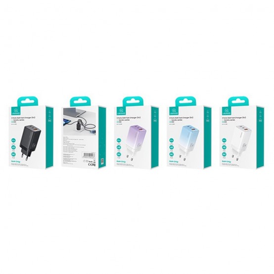 Alimentator USAMS Wall Charger Sandru Series  - 3 Ports GaN Fast Charging, 2x Type-C PD65W, USB-A 3A - Gradient Blue US-CC180