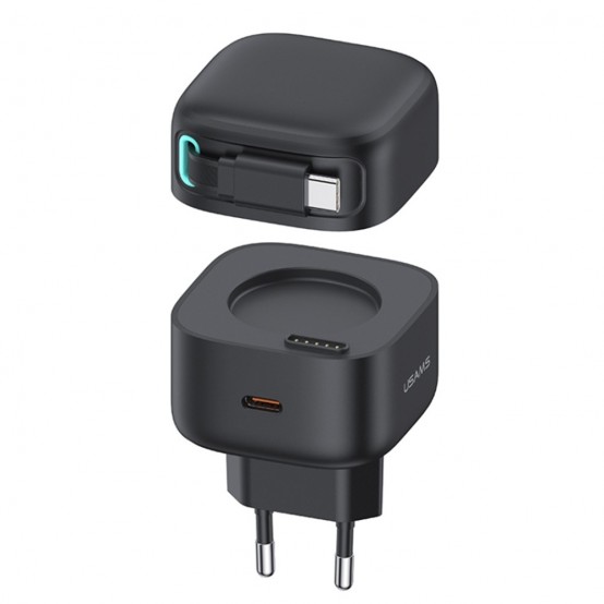 Alimentator USAMS Wall Charger XMF Series  - GaN Fast Charging, USB-C PD35W with Retractable Type-C Cable, 80cm - Black US-CC202