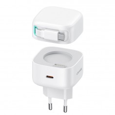 Alimentator USAMS Wall Charger XMF Series  - GaN Fast Charging, USB-C PD35W with Retractable Type-C Cable, 80cm - White US-CC202