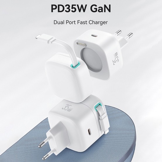 Alimentator USAMS Wall Charger XMF Series  - GaN Fast Charging, USB-C PD35W with Retractable Lightning Cable, 80cm - White US-C