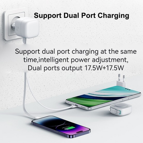 Alimentator USAMS Wall Charger XMF Series  - GaN Fast Charging, USB-C PD35W with Retractable Lightning Cable, 80cm - White US-C