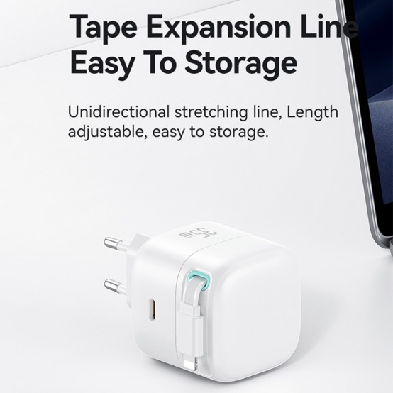 Alimentator USAMS Wall Charger XMF Series  - GaN Fast Charging, USB-C PD35W with Retractable Lightning Cable, 80cm - White US-C