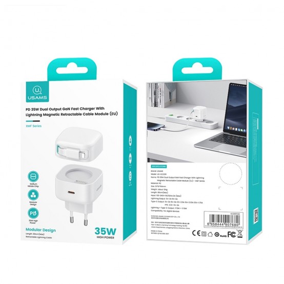 Alimentator USAMS Wall Charger XMF Series  - GaN Fast Charging, USB-C PD35W with Retractable Lightning Cable, 80cm - White US-C