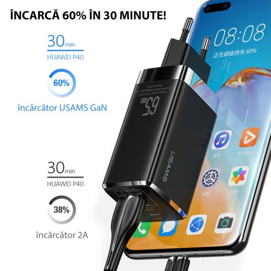 Alimentator USAMS Wall Charger T33  - GaN Mini, 2xUSB-C, USB, PD, Fast Charge, 65W, 5A - Black US-CC110