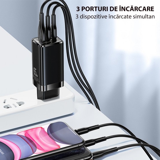 Alimentator USAMS Wall Charger T33  - GaN Mini, 2xUSB-C, USB, PD, Fast Charge, 65W, 5A - Black US-CC110