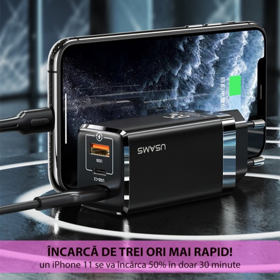 Alimentator USAMS Wall Charger T33  - GaN Mini, 2xUSB-C, USB, PD, Fast Charge, 65W, 5A - Black US-CC110