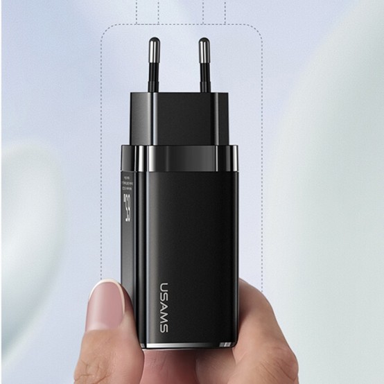 Alimentator USAMS Wall Charger Kit  - 2xUSB-C GaN 65W, USB-A QC3.0 (T33) with Cable Type-C to Type-C, PD 100W (U43) - Black MTX