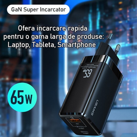 Alimentator USAMS Wall Charger Kit  - 2xUSB-C GaN 65W, USB-A QC3.0 (T33) with Cable Type-C to Type-C, PD 100W (U43) - Black MTX
