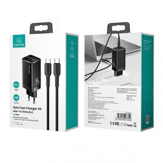 Alimentator USAMS Wall Charger Kit  - 2xUSB-C GaN 65W, USB-A QC3.0 (T33) with Cable Type-C to Type-C, PD 100W (U43) - Black MTX