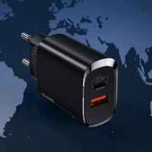 Alimentator USAMS Wall Charger T35  - Dual Port, USB-C PD20W, USB-A QC3.0 - Black US-CC121