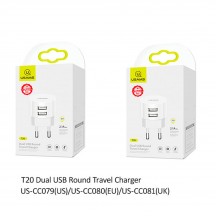 Alimentator USAMS Wall Charger T20  - Dual Port Charging, Round Form, 2x USB-A, 2.1A - White US-CC080