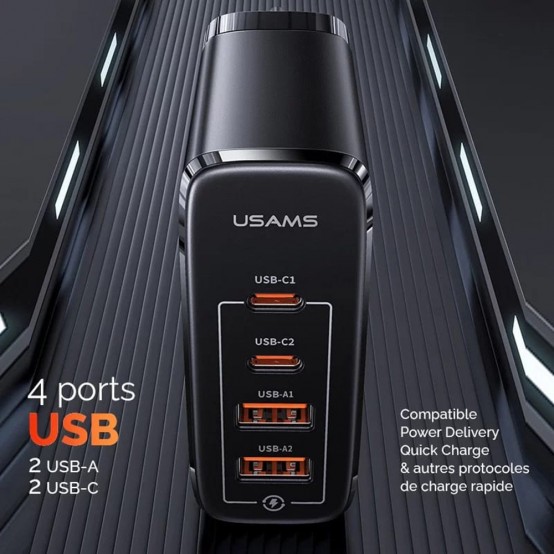 Alimentator USAMS Wall Charger US-CC163 T50  - 2 x Type-C, 2 x USB, 100W - Black CC145TC01
