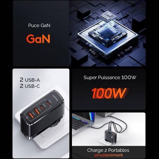 Alimentator USAMS Wall Charger US-CC163 T50  - 2 x Type-C, 2 x USB, 100W - Black CC145TC01