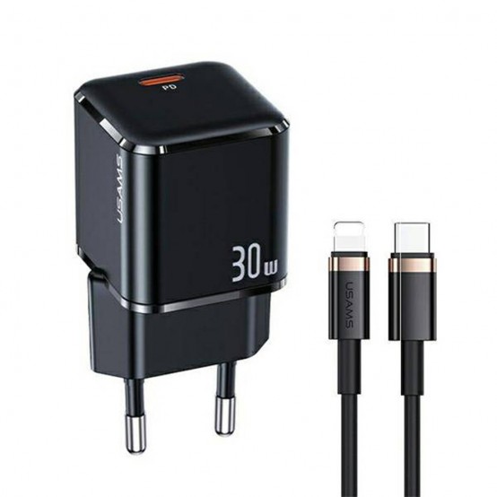 Alimentator USAMS Wall Charger Kit  - USB-C GaN 30W (T45) with Cable Type-C to Lightning, 1.2m, PD 20W (U63) - Black UXTZH01
