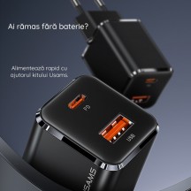 Alimentator USAMS Wall Charger Kit  - USB-C, GaN 33W, USB-A QC3.0 (T43) + Cable Type-C to Lightning 1.2m, PD 20W (U63) - Black