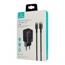 Alimentator USAMS Wall Charger Kit  - USB-C, GaN 33W, USB-A QC3.0 (T43) + Cable Type-C to Lightning 1.2m, PD 20W (U63) - Black