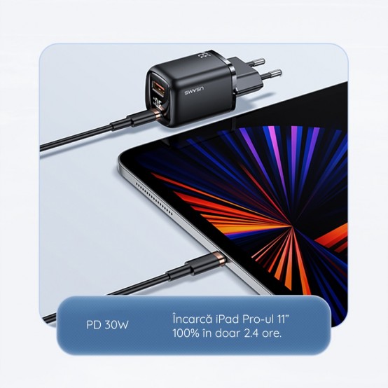 Alimentator USAMS Wall Charger Kit  - USB-C GaN 36W, USB-A QC 3.0 (T46) + Cable Type-C to Lightning 1.2m, PD 20W (U63) - Black