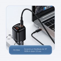 Alimentator USAMS Wall Charger Kit  - USB-C GaN 36W, USB-A QC 3.0 (T46) + Cable Type-C to Lightning 1.2m, PD 20W (U63) - Black