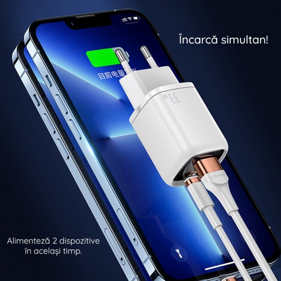 Alimentator USAMS Wall Charger Kit  - USB-C GaN 36W, USB-A QC 3.0 (T46) + Cable Type-C to Lightning 1.2m, PD 20W (U63) - Black