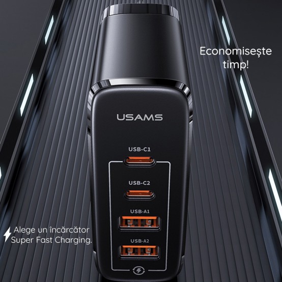 Alimentator USAMS Wall Charger Kit  - 2xUSB-C GaN 100W, 2xUSB QC3.0 (T44) + Cable Type-C to Type-C 1.2m, PD 100W (U71) - Black