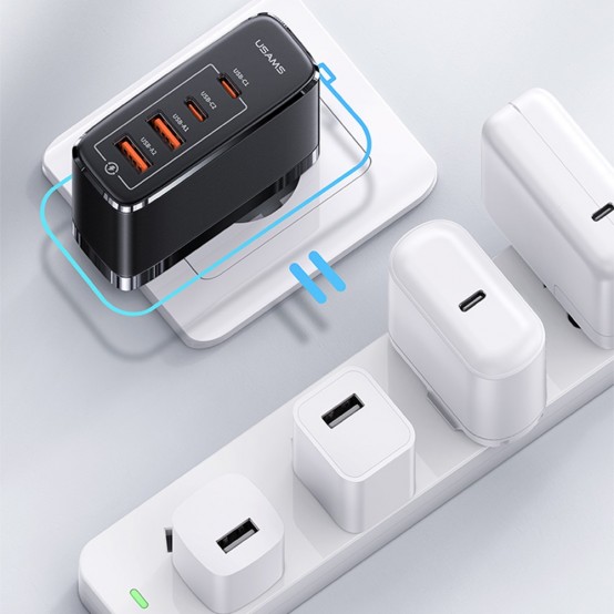 Alimentator USAMS Wall Charger Kit  - 2xUSB-C GaN 100W, 2xUSB QC3.0 (T44) + Cable Type-C to Type-C 1.2m, PD 100W (U71) - Black