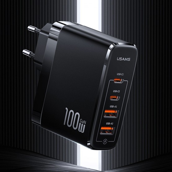 Alimentator USAMS Wall Charger Kit  - 2xUSB-C GaN 100W, 2xUSB QC3.0 (T44) + Cable Type-C to Type-C 1.2m, PD 100W (U71) - Black