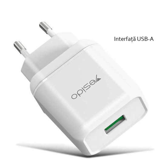 Alimentator Yesido Wall Charger  - USB, QC 3.0, 18W, 3A - White YC22