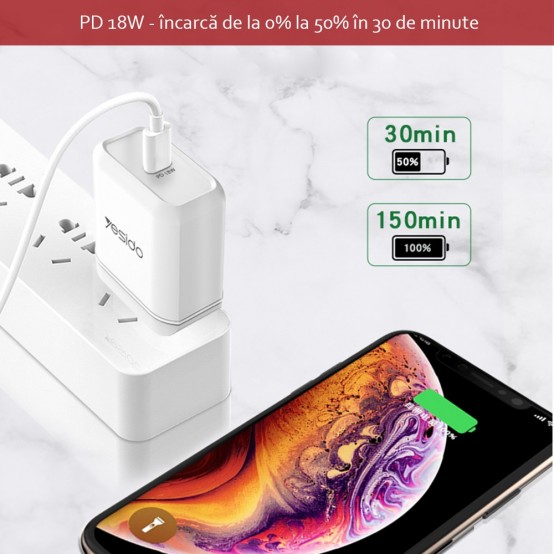 Alimentator Yesido Wall Charger  - USB, QC 3.0, 18W, 3A - White YC22