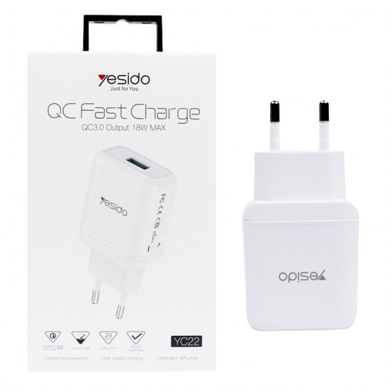 Alimentator Yesido Wall Charger  - USB, QC 3.0, 18W, 3A - White YC22
