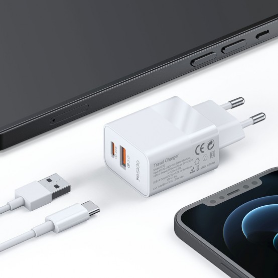 Alimentator Yesido Wall Charger  - USB-A, QC 3.0, Type-C, PD, 20W, 3A - White YC32