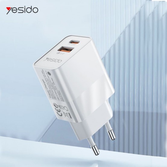Alimentator Yesido Wall Charger  - USB-A, QC 3.0, Type-C, PD, 20W, 3A - White YC32