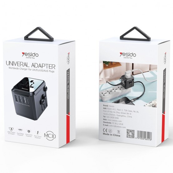 Alimentator Yesido Wall Charger  - 3x USB, Type-C, for Travel, EU, UK, US, AUS, 3.6A - Black MC10