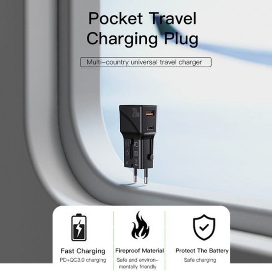 Alimentator Yesido Wall Charger  - USB, Type-C, PD20W, for Travel, EU, UK, US, AUS - Black MC17