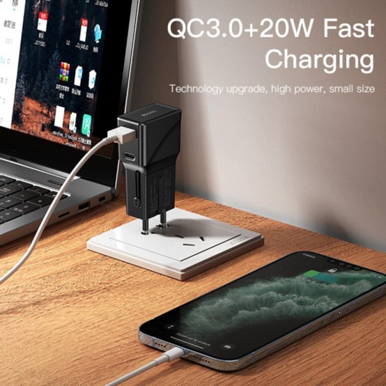 Alimentator Yesido Wall Charger  - USB, Type-C, PD20W, for Travel, EU, UK, US, AUS - Black MC17