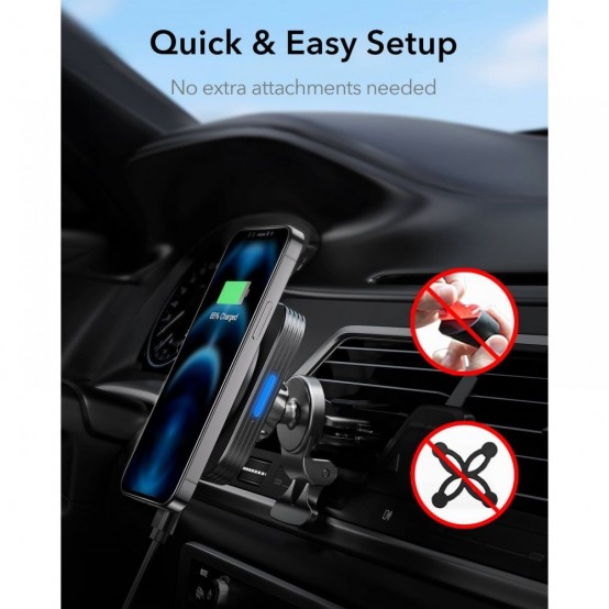Alimentator  Car Holder with Wireless Charger HaloLock - MagSafe Compatible for Air Vent, with Cable USB to Type-C, 15W - Black
