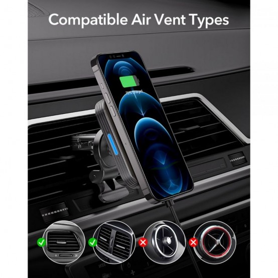 Alimentator  Car Holder with Wireless Charger HaloLock - MagSafe Compatible for Air Vent, with Cable USB to Type-C, 15W - Black